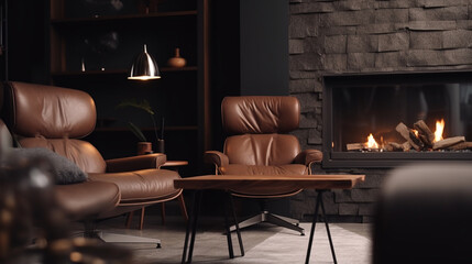 Brown leather chairs and grey sofa in room with fireplace.generative ai