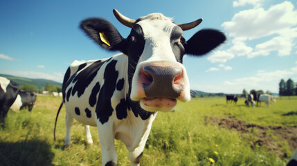 black and white cow in a green pasture