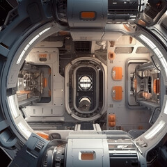 Space Station Hub sleek metallic textures 
