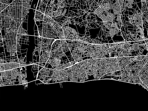 Vector road map of the city of  Chigasaki in Japan with white roads on a black background.