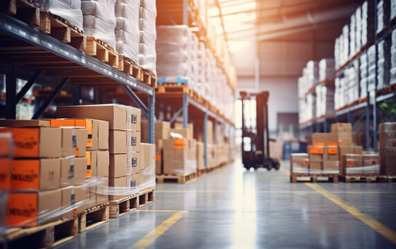 Perspective view of retail warehouse, shelves with goods in cartons, pallets, and forklifts. Logistics, and transportation, delivery concept on blurred background. Product distribution center.