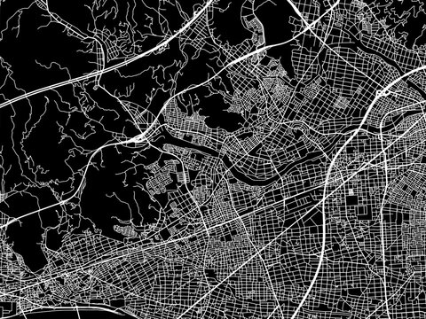 Vector road map of the city of  Fujieda in Japan with white roads on a black background.