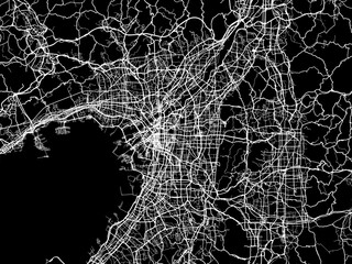 Vector road map of the city of  Greater Osaka in Japan with white roads on a black background.