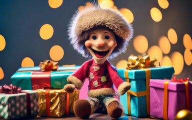 Obraz na płótnie Canvas puppet with christmas gifts, merry christmas