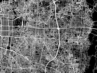 Vector road map of the city of  Higashi-osaka in Japan with white roads on a black background.