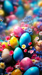Obraz na płótnie Canvas Colorful easter eggs with spring blossom on dark background
