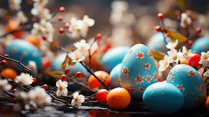 Colorful easter eggs with spring blossom on dark background - obrazy, fototapety, plakaty