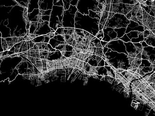 Vector road map of the city of  Himeji in Japan with white roads on a black background.