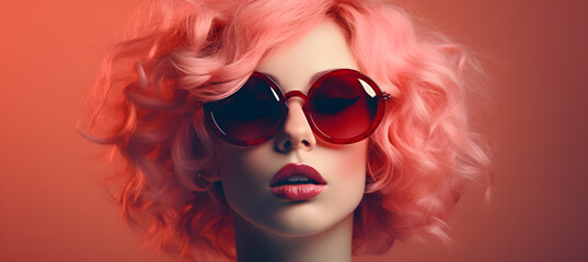 Fototapeta premium Beautiful young woman with pink hair and pink sunglasses portrait