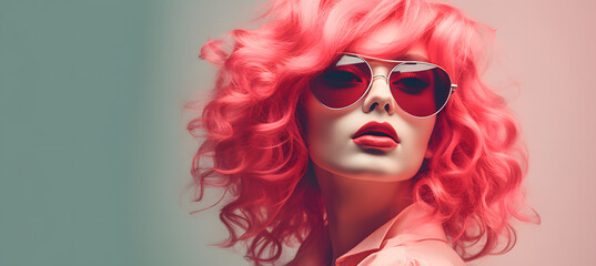 Beautiful young woman with pink hair and pink sunglasses portrait