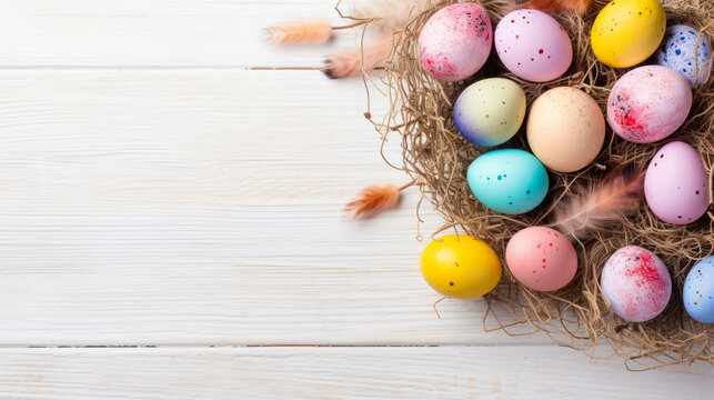 Colorful easter eggs in nest on wooden background with copy space
