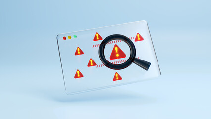 Search troubles with magnifying glass, alert system hacked popup on screen, system warning caution sign for notification on internet security protect. Cyber attack on online network error. 3d render