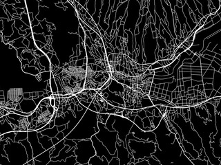 Vector road map of the city of  Isahaya in Japan with white roads on a black background.