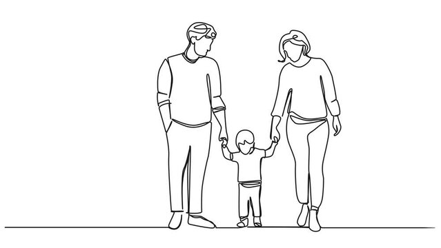 animated continuous single line drawing of parents walking with child in middle holding hands, happy family line art animation