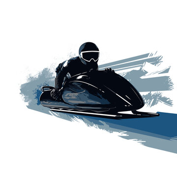 Black silhouette of winter bobsleigh athletes at the start and during the descent
