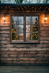 snowy window in wooden house at christmas