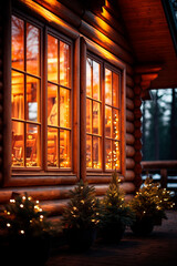 Close-up large window of wooden house at Christmas time