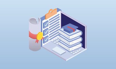 High pile of books on which lies the bachelor's cap.on blue background.3D design.isometric vector design Illustration.