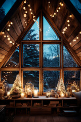 Obraz premium Christmas window closeup in rustic attic room