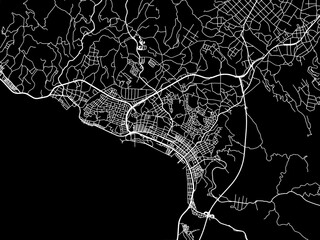 Vector road map of the city of  Nago in Japan with white roads on a black background.