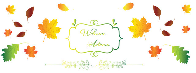 Vector autumn greeting card with car and pumpkin on it, falling leaves and hand written text " Welcome autumn". Background for fall season. Poster with transportation and floral elements.