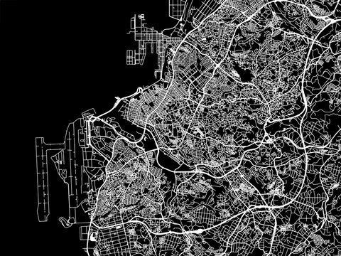Vector road map of the city of  Naha in Japan with white roads on a black background.