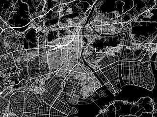 Naklejka premium Vector road map of the city of Okayama in Japan with white roads on a black background.