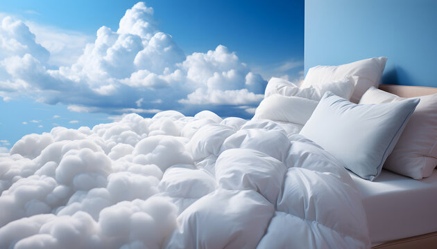Comfortable soft sleeping bed and white bed sheets with down pillows and blanket on the heaven and white clouds.