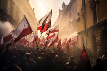 A patriotic parade in Poland with people waving national flags and celebrating the countrys...