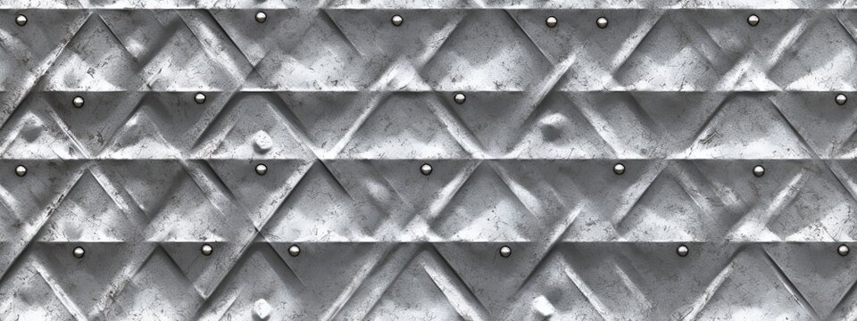 Seamless diamond knurl metal floor plate background texture. Tileable rusted scratched striped bulkhead panel pattern. silver grey rough metallic iron