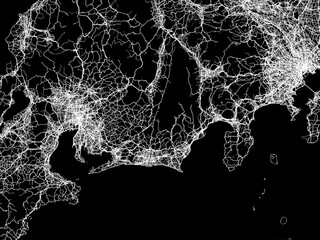 Vector road map of the city of  Shimada in Japan with white roads on a black background.