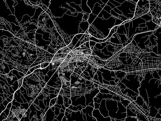 Vector road map of the city of  Shirakawa in Japan with white roads on a black background.