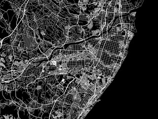 Vector road map of the city of  Suzuka in Japan with white roads on a black background.