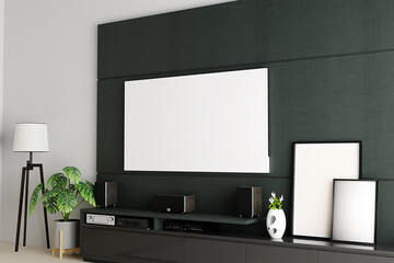 Tv screen mockup on a wall in modern living room , 3d render