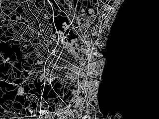 Vector road map of the city of  Tsu in Japan with white roads on a black background.