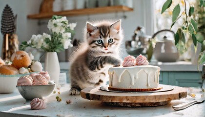 おしゃれなケーキとかわいい子猫　台所でいたずらをする猫 - obrazy, fototapety, plakaty