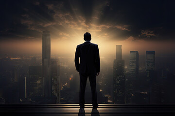 Fototapeta na wymiar Silhouette of business man following his ambitions. AI Generative