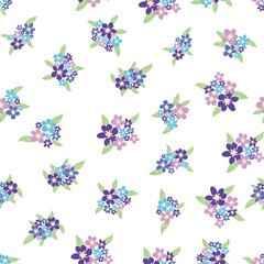 Floral seamless pattern with titian, lavender, blue, purple chamomile flower and leaves on pastel background