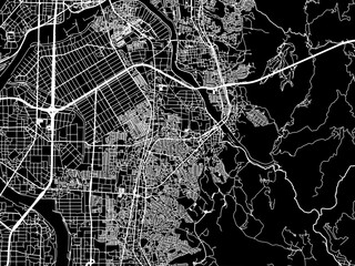 Vector road map of the city of  Uji in Japan with white roads on a black background.