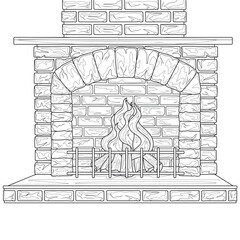 Brick fireplace.Coloring book for children and adults.