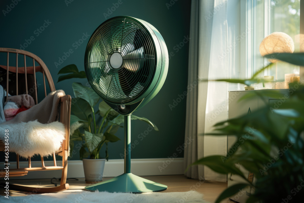 Poster a fan sitting on top of a wooden floor next to a chair. perfect for cooling down in hot weather or a