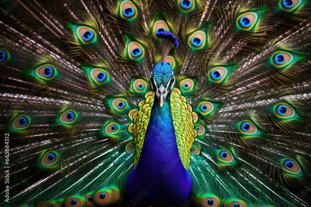 Poster A stunning image of a peacock with its feathers spread out. Perfect for adding a touch of elegance and beauty to any project.