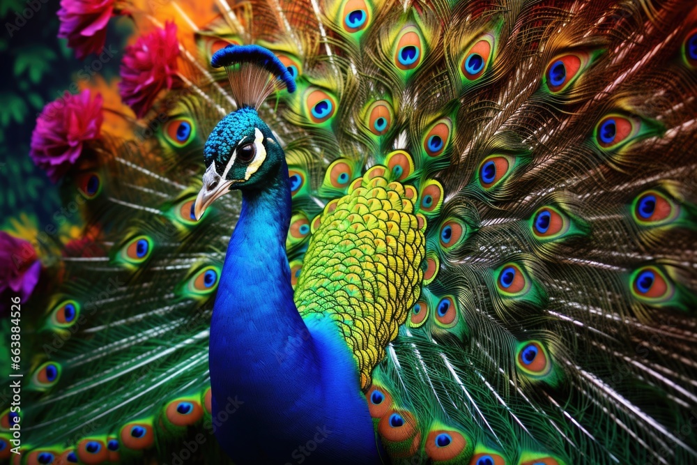 Poster a detailed close-up shot of a peacock displaying its vibrant feathers.