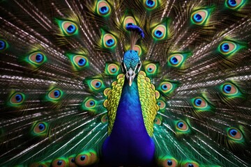 Obraz premium A stunning image of a peacock with its feathers spread out. Perfect for adding a touch of elegance and beauty to any project.