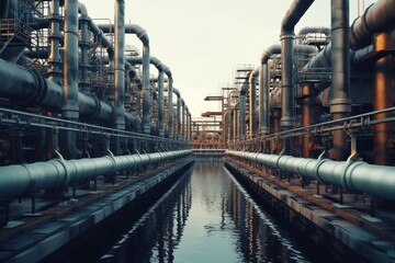 A picture of a large industrial area with numerous pipes. This image can be used to depict industrial processes, manufacturing, or the infrastructure of a factory or plant.