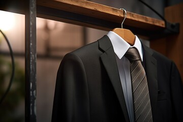 A professional suit and tie neatly hanging on a rack. This image can be used to showcase formal attire, clothing store displays, or represent a professional work environment.