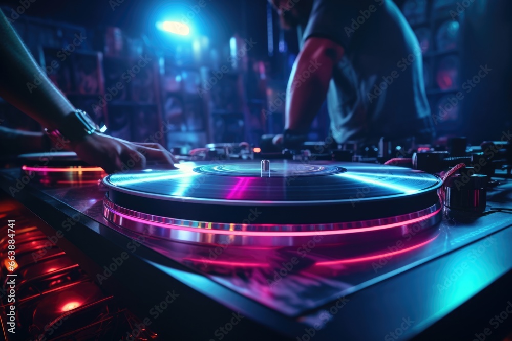 Poster a dj is seen playing a track on a turntable. this image can be used to represent djing, music produc
