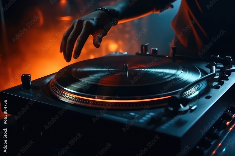 Poster A DJ is seen spinning a record on a turntable. This image can be used to showcase a DJ at work or to represent the music industry.