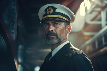 Obraz premium A man wearing a sailor's hat gazes off into the distance. This image can be used to depict adventure, exploration, or longing for the unknown.