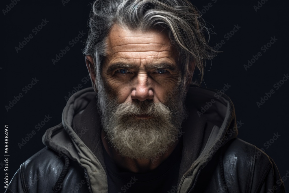 Poster a picture of a man with a beard wearing a stylish leather jacket. this image can be used to depict a